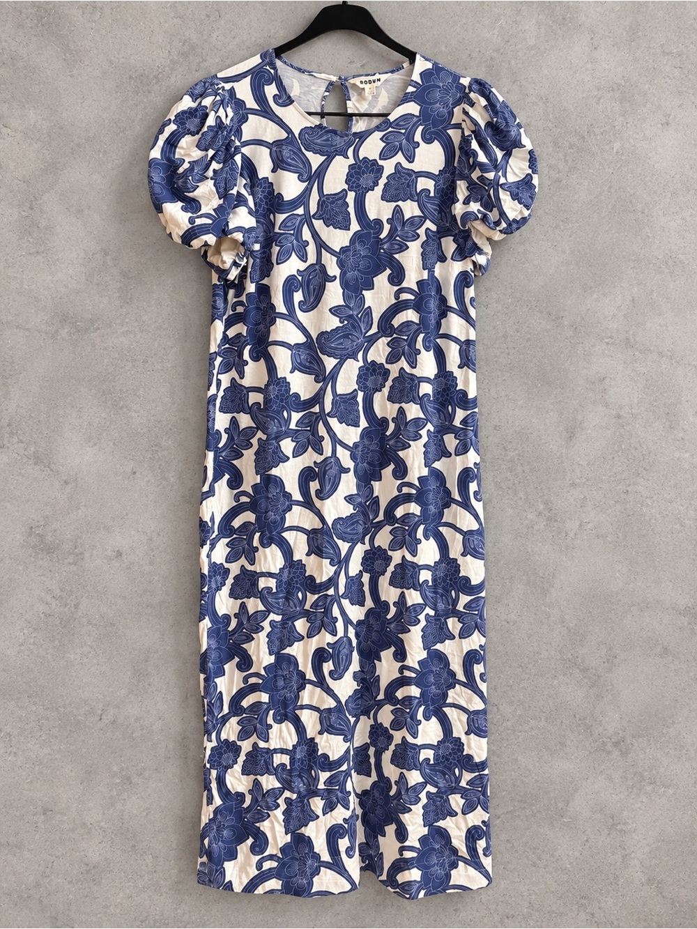 Boden Puff Sleeve Floral Midi Dress Blue Cream Tencel Cotton US 14R D0527